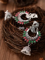 The Intricate Enamelled Peacocks Meenakari Artwork Jhumkas - (Red-Green)
