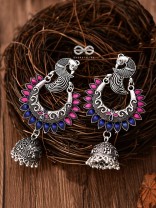 The Elegant Enamelled Peacocks Meenakari Artwork Jhumkas - (Pink-Blue)