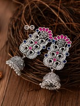 The Intricate Enamelled Peacocks Meenakari Artwork Jhumkas - (Pink-Blue)