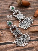 The Embellished Oxidised Collection - Intricate Delight Earrings- Green