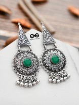 The Embellished Oxidised Collection - Intricate Geometry Earrings- Green