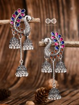 The Enamelled Peacocks Triple Jhumki Statement Earrings - Blue-Pink-Brown