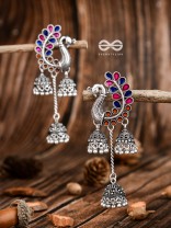 The Enamelled Peacocks Triple Jhumki Statement Earrings - Blue-Pink-Brown