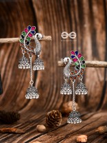 The Enamelled Peacocks Triple Jhumki Statement Earrings - Blue-Pink-Green-Brown