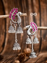 The Enamelled Peacocks Triple Jhumki Statement Earrings - Pink-Brown