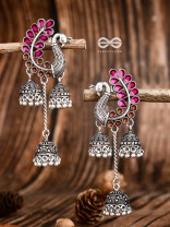 The Enamelled Peacocks Triple Jhumki Statement Earrings - Pink-Brown