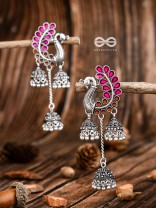 The Enamelled Peacocks Triple Jhumki Statement Earrings - Pink-Brown