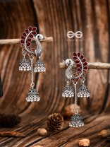 The Enamelled Peacocks Triple Jhumki Statement Earrings - Maroon-Brown