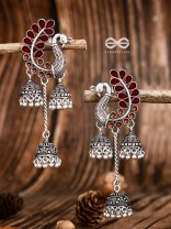 The Enamelled Peacocks Triple Jhumki Statement Earrings - Maroon-Brown