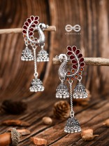 The Enamelled Peacocks Triple Jhumki Statement Earrings - Maroon-Brown