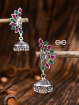 The Bohemian Elegance Floral Jhumkis (Ruby-Emerald) - Oxidised Embellished Collection