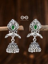 The Twin Peacock Artwork Jhumkis (Emerald Green) - Embellished Oxidised Collection