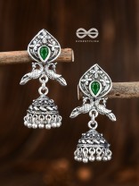 The Twin Peacock Artwork Jhumkis (Emerald Green) - Embellished Oxidised Collection