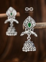 The Twin Peacock Artwork Jhumkis (Emerald Green) - Embellished Oxidised Collection