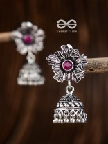 The Artsy Floral Jhumkis (Ruby Red) - Embellished Oxidised Collection