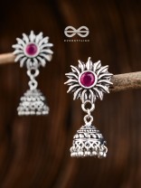 The Artsy Floral Jhumkis (Ruby Red) - Embellished Oxidised Collection