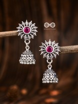 The Artsy Floral Jhumkis (Ruby Red) - Embellished Oxidised Collection