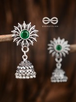 The Artsy Floral Jhumkis (Emerald Green) - Embellished Oxidised Collection