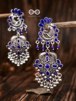 The Glimmering Peacock Statement Danglers (Sapphire Blue) - The Embellished Oxidised Collection