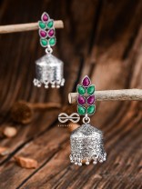 The Olive Branch Intricate Drum Jhumkis - Emerald and Ruby - The Embellished Oxidised Collection