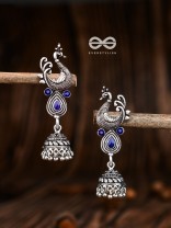 The Dangling Peacock Jhumkis (Sapphire Blue) - The Embellished Oxidised Collection
