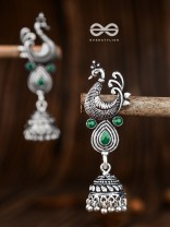 The Dangling Peacock Jhumkis (Emerald Green) - The Embellished Oxidised Collection