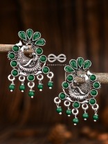The Dangling Peacock Studs (Emerald Green) - Embellished Oxidised Collection