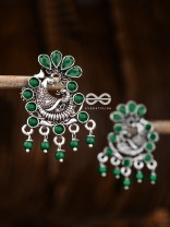 The Dangling Peacock Studs (Emerald Green) - Embellished Oxidised Collection