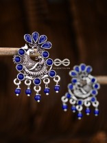 The Dangling Peacock Studs (Sapphire Blue) - Embellished Oxidised Collection