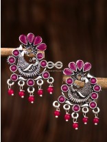 The Dangling Peacock Studs (Ruby Red) - Embellished Oxidised Collection