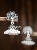 The Triple Threaded Pearl Peacock Jhumkis - Tiny Trinket Earrings