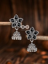 The Glimmering Floral Little Jhumkis (Onyx Black) - The Embellished Oxidised Collection