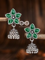 The Glimmering Floral Little Jhumkis (Emerald Green) - The Embellished Oxidised Collection