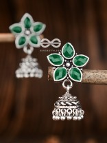 The Glimmering Floral Little Jhumkis (Emerald Green) - The Embellished Oxidised Collection
