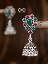 The Shimmery Droplet Jhumkis (Ruby Emerald) - The Embellished Oxidised Collection