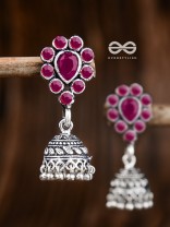 The Shimmery Droplet Jhumkis (Ruby Red) - The Embellished Oxidised Collection