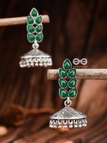 The Olive Branch Intricate Jhumkis - Emerald Green - The Embellished Oxidised Collection