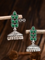 The Olive Branch Intricate Jhumkis - Emerald Green - The Embellished Oxidised Collection