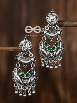 The Artistic Triple Layered Danglers (Emerald Green) - The Embellished Oxidised Collection