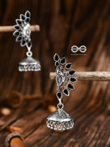 The Bohemian Elegance Floral Jhumkis (Onyx Black) - The Embellished Oxidised Collection