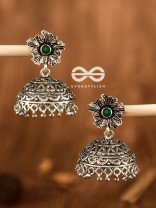 The Large Floral Intricate Jhumkas (Emerald Green) - Embellished Oxidised Collection