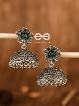 The Large Floral Intricate Jhumkas (Emerald Green) - Embellished Oxidised Collection
