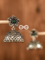 The Large Floral Intricate Jhumkas (Emerald Green) - Embellished Oxidised Collection