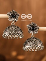 The Large Floral Intricate Jhumkas (Black) - Embellished Oxidised Collection
