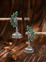 The Bohemian Elegance Floral Jhumkis (Emerald) - Oxidised Embellished Collection