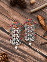 The Pretty Peacock Artwork - Oxidised Boho Earrings - Multicolour