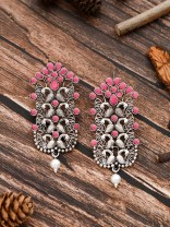 The Pretty Peacock Artwork - Oxidised Boho Earrings - Pink