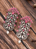 The Pretty Peacock Artwork - Oxidised Boho Earrings - Pink