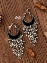 The Enamelled Moon Jhaalar (Black) - Oxidised Boho Earrings