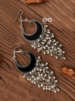 The Enamelled Moon Jhaalar (Black) - Oxidised Boho Earrings